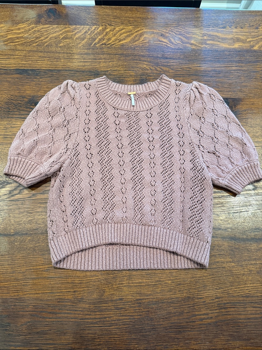 Free People Rose Pink Openwork Short Sleeve Crew Sweater